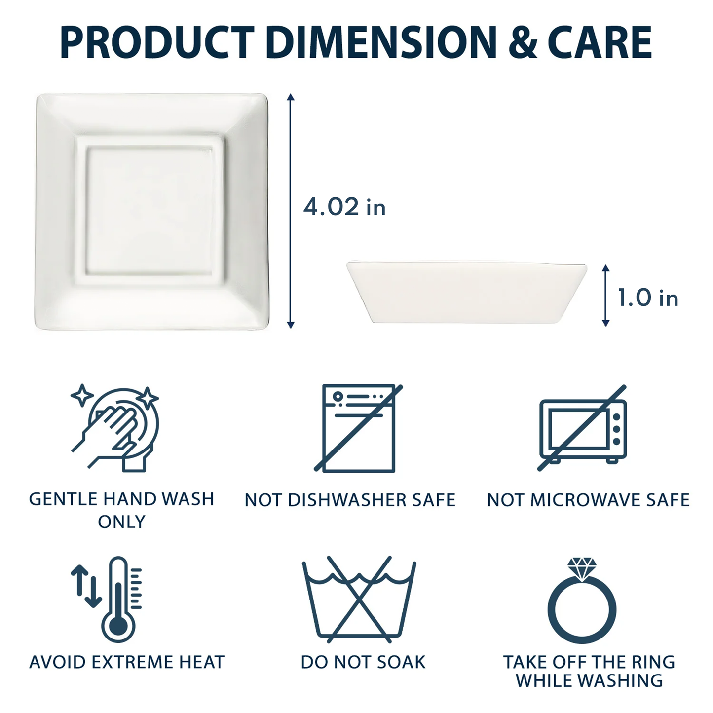 Graduation jewelry dish dimensions and care instructions: ceramic dish, hand wash only.