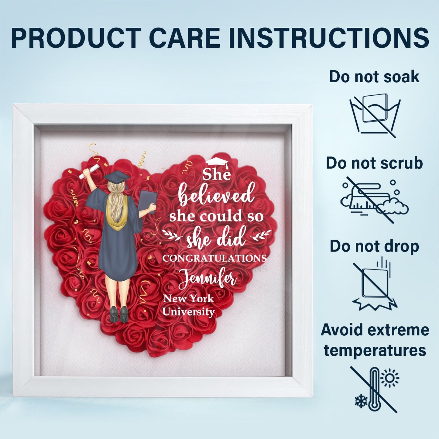 Personalized graduation gift flower shadow box with red heart arrangement, She believed she could, wood frame.