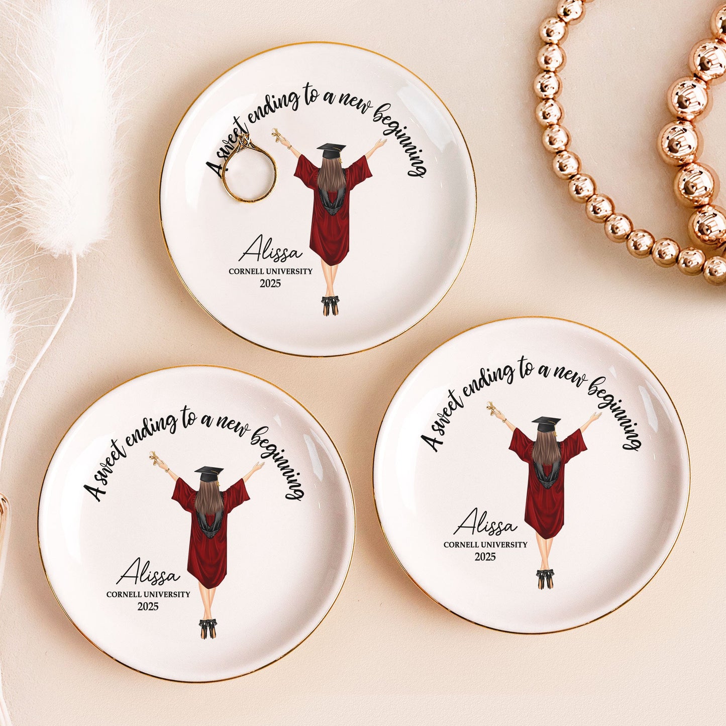 Personalized Graduation Jewelry Dish set with 'A Sweet Ending To A New Beginning'