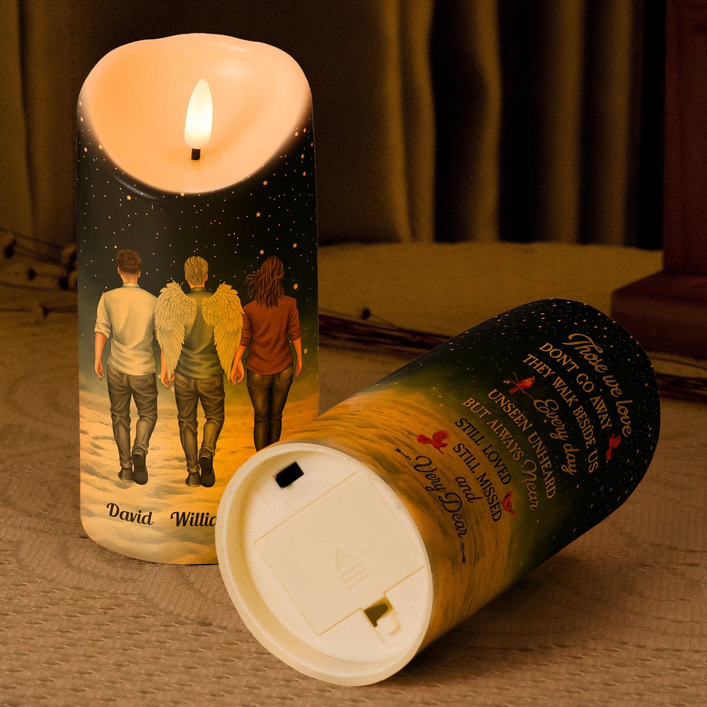 Personalized LED Memorial Candle with printed design, a comforting tribute to loved ones, flameless and safe.