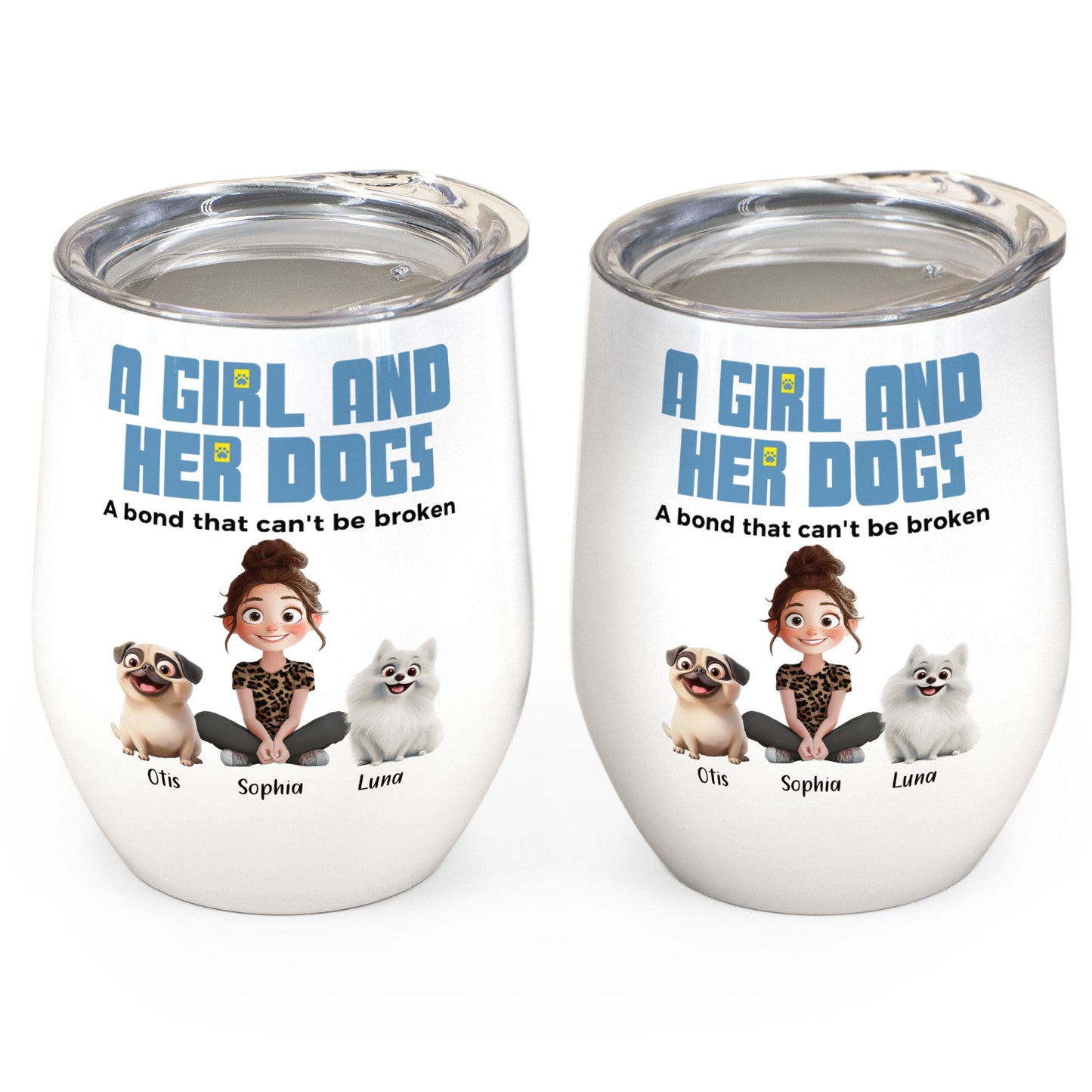 Personalized wine tumbler for dog lovers, stainless steel, featuring 'A Girl and Her Dogs' cartoon design, perfect gift.