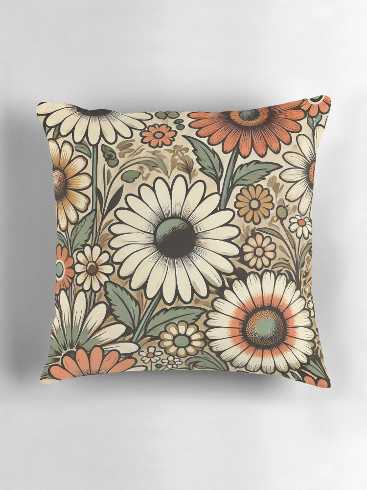 Flower Power Bloom – Retro 60s & 70s Seamless Floral Pattern Pillow