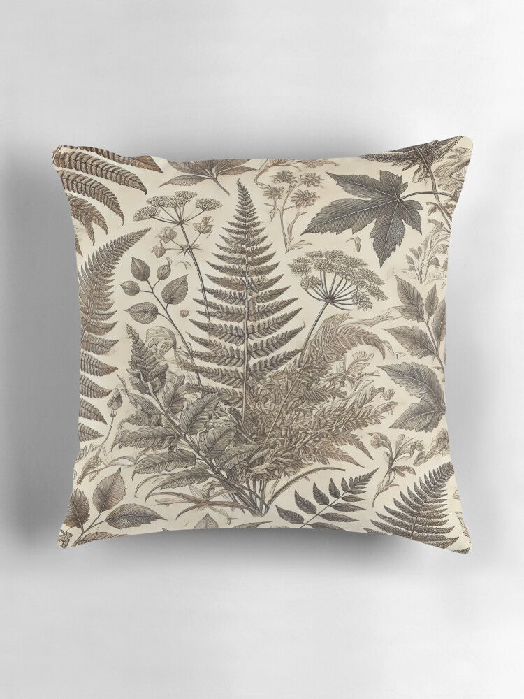 Sepia Forest Study – Vintage Botanical Fern Pattern Pillow