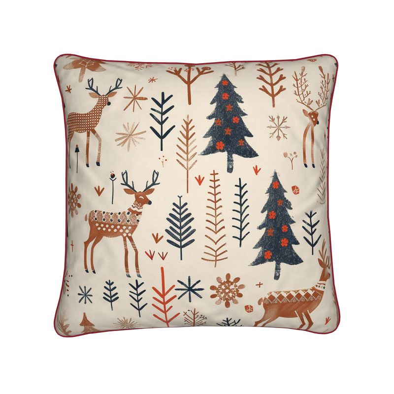 Nordic Woodland Christmas Cushion with Red Piping
