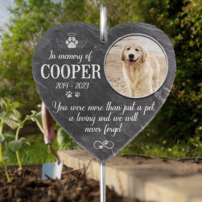 Personalized dog memorial slate with photo of Cooper, sympathy gift for loss of dog, made of slate, with hook.