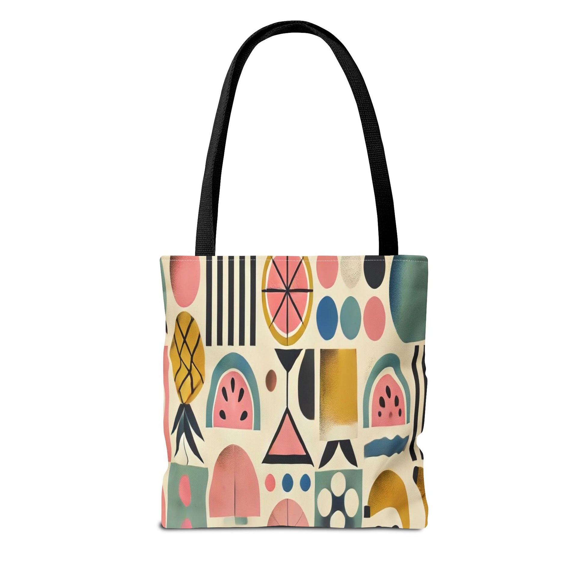 Tote bag with colorful geometric pattern on a white background