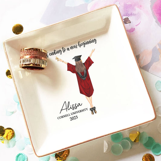Graduation jewelry dish with "A Sweet Ending To A New Beginning", ceramic gift, graduation keepsake.