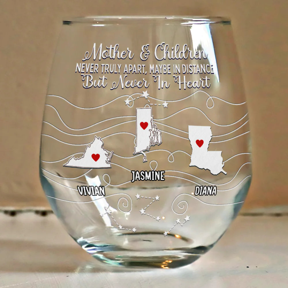 Personalized stemless wine glass with state map and 'Never too far to drink together'