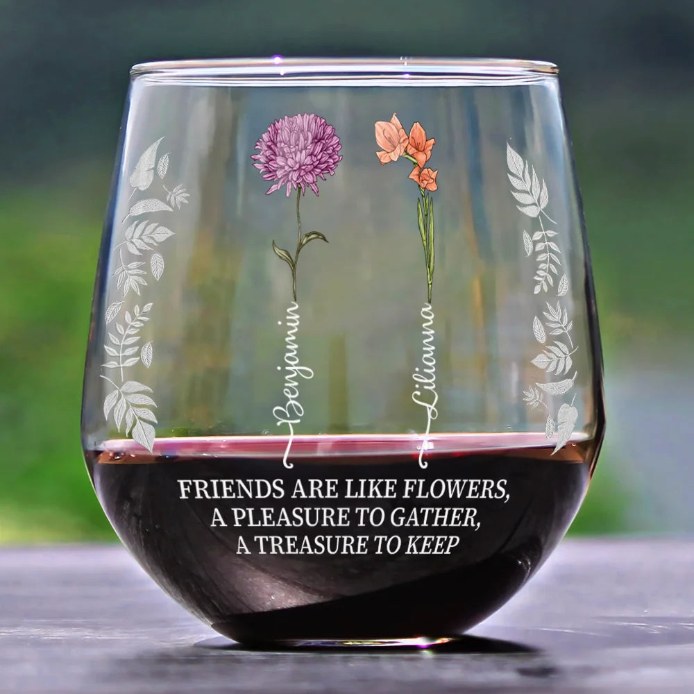 Personalized stemless wine glass with floral design, perfect for bestie gift, features the quote "If friends were flowers"