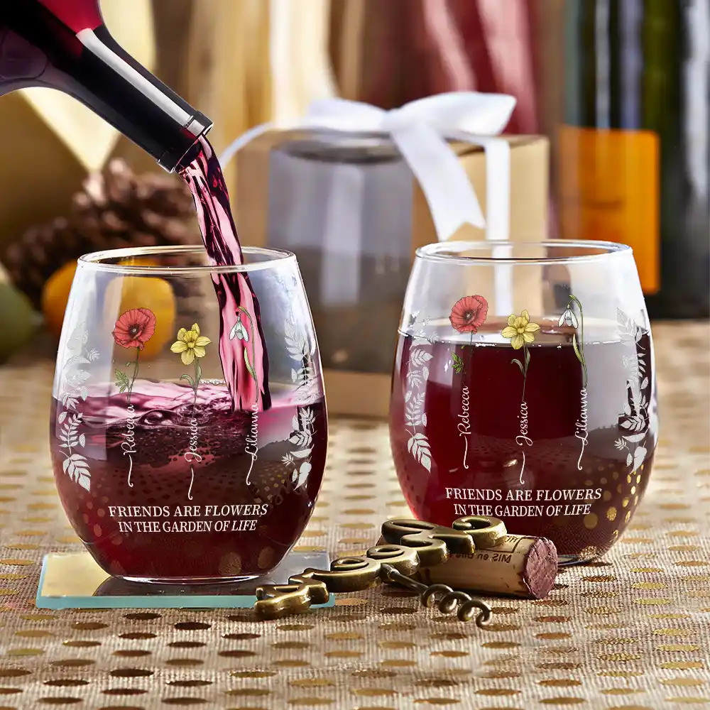 Bestie gift: Stemless wine glass with birth flower design and "If friends were flowers" quote.