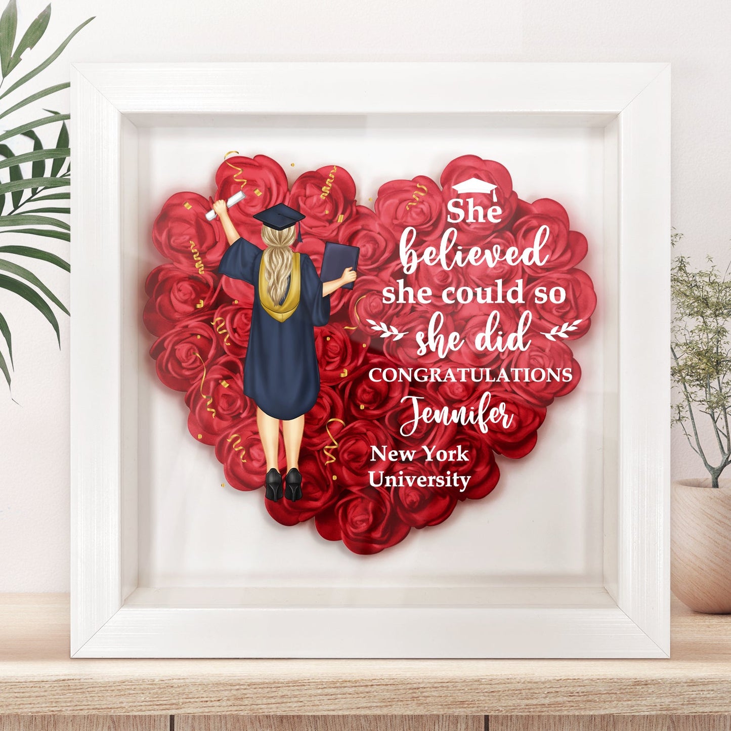 Personalized Graduation Gift Flower Shadow Box with "She believed she could" message and custom details.