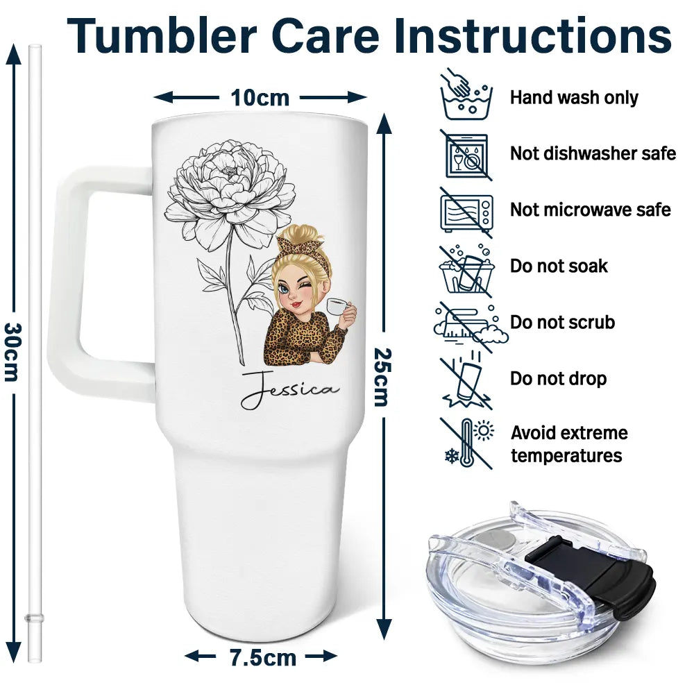40oz Personalized Tumbler Care Instructions - Floral Sketch Design, Stainless Steel, with dimensions and care guide.
