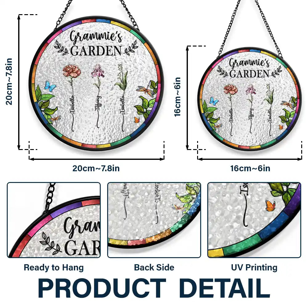 Birth Flower Grandma's Garden stained glass suncatcher product details, featuring floral design and size options.