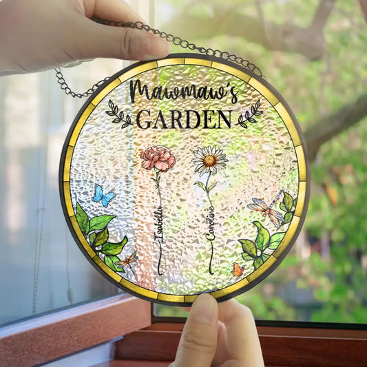 Grandma's Garden stained glass suncatcher with floral design, personalized gift