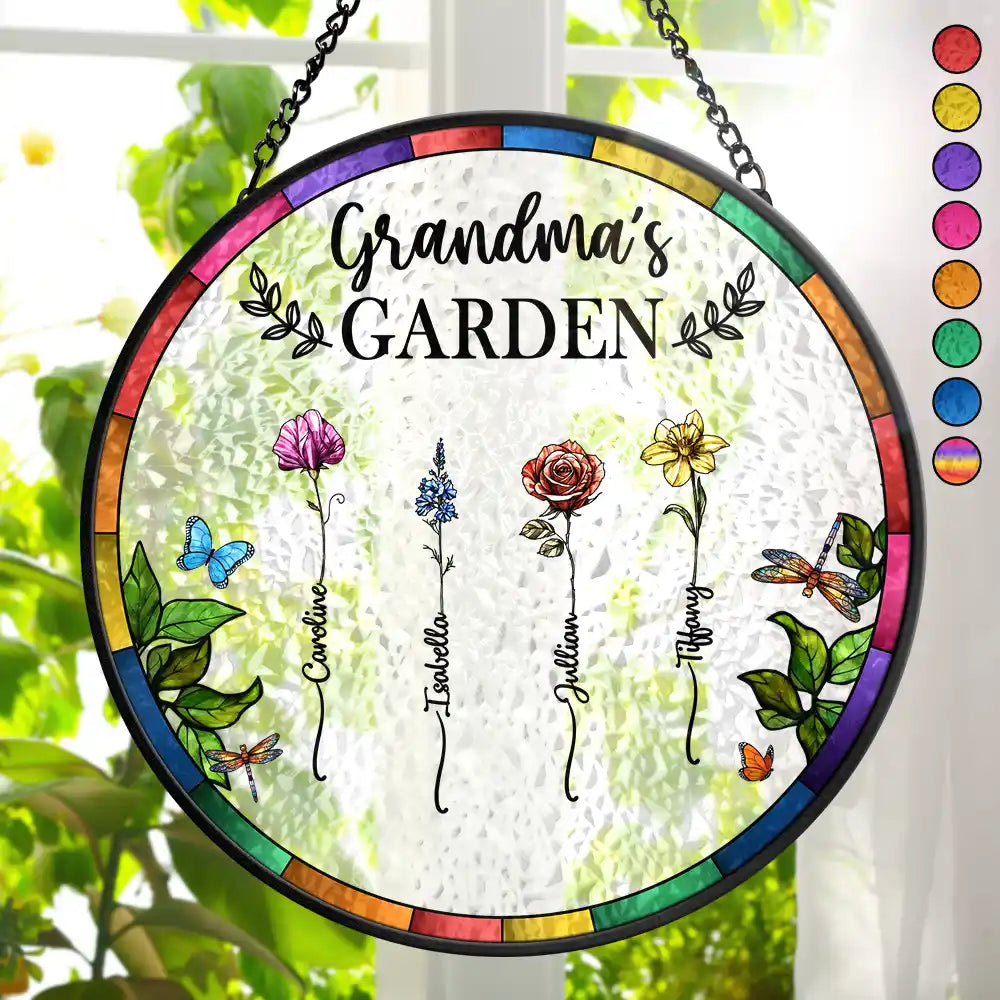 Birth Flower Grandma's Garden stained glass suncatcher, personalized family gift.