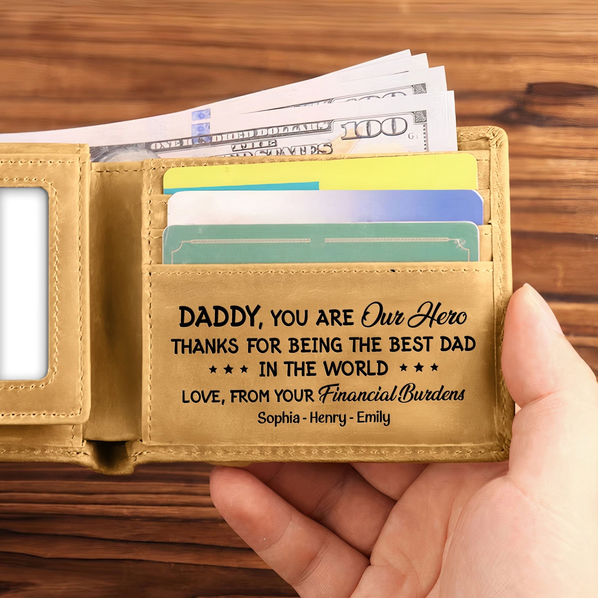Personalized leather wallet, engraved with "Daddy You Are Our Hero!" text and Best Dad Ever design.