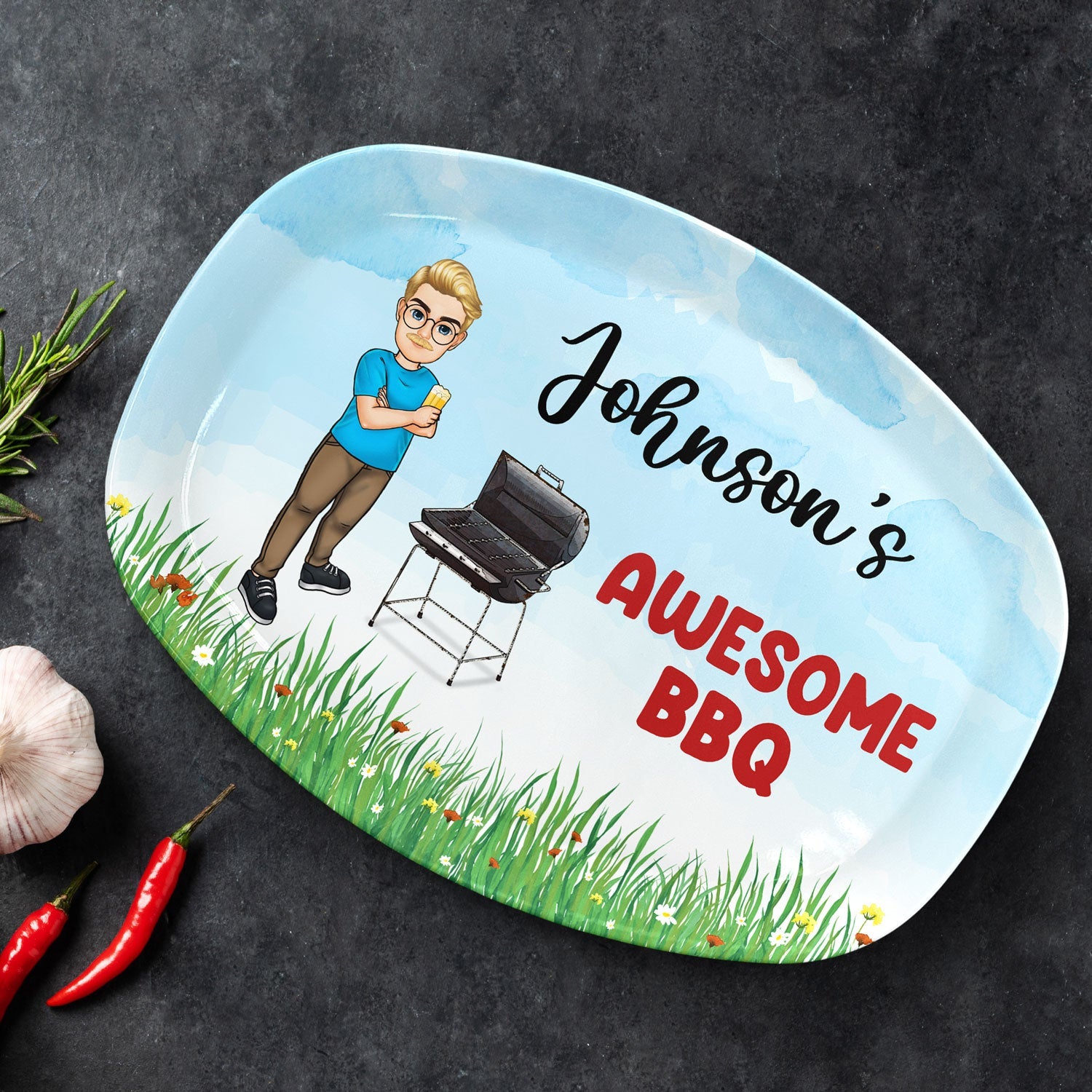 Custom "Johnson's Awesome BBQ" grilling plate, BPA-free plastic with BBQ design and person illustration, perfect BBQ gift.
