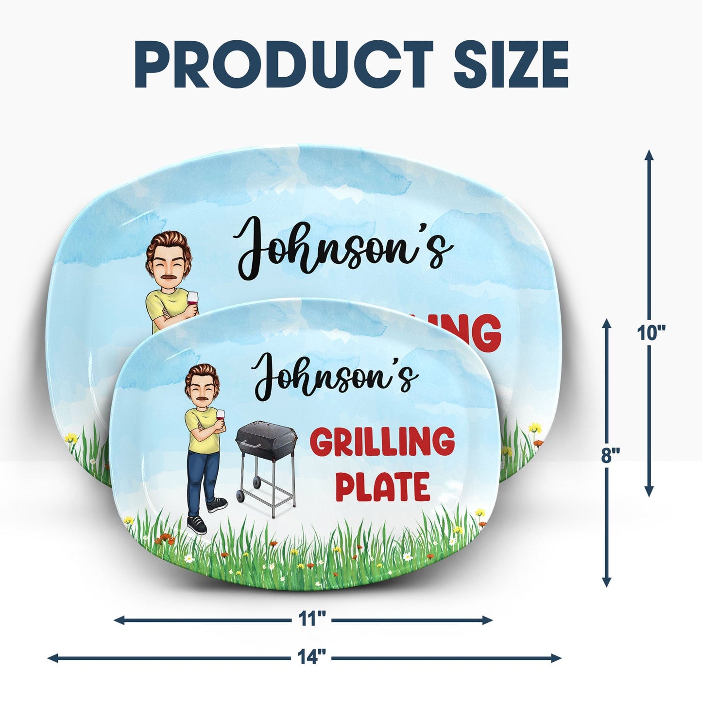 Custom "Johnson's Grilling Plate" BPA-Free platter, product size chart