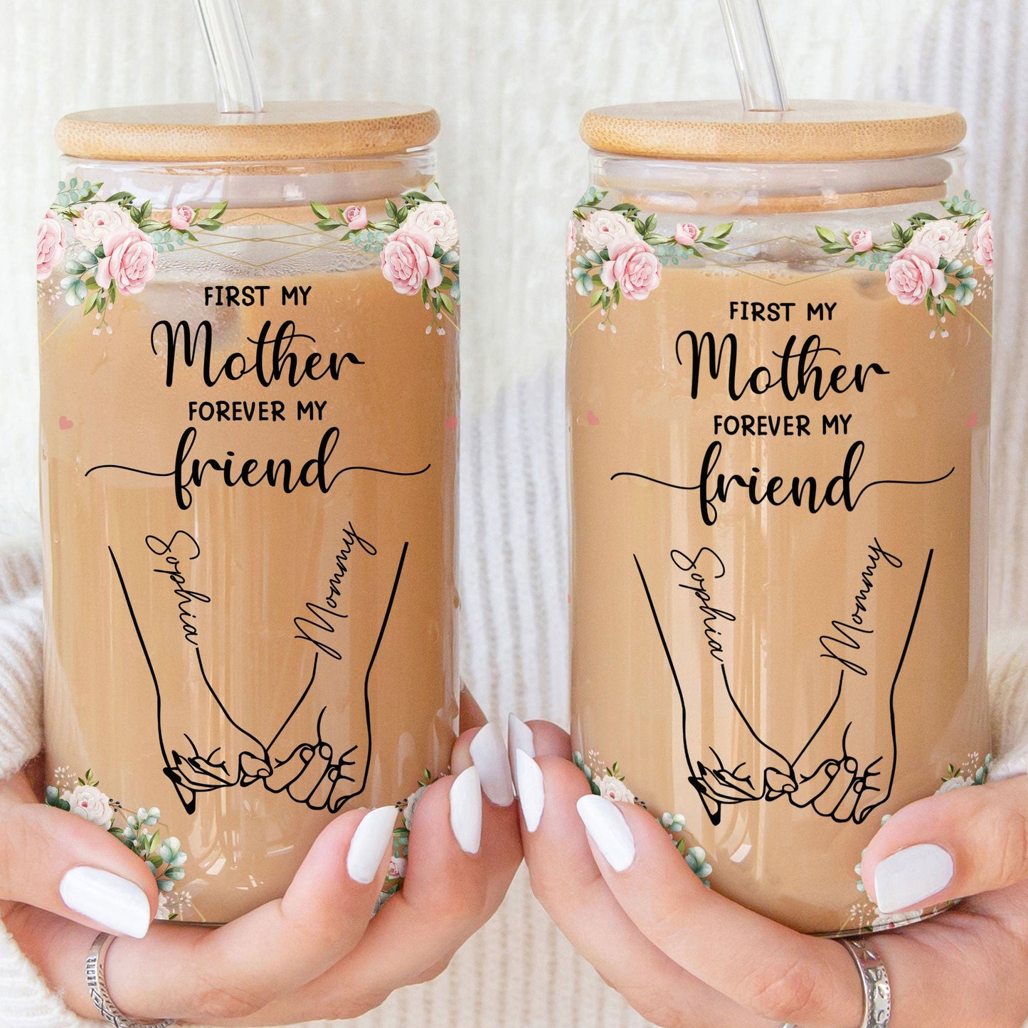 Personalized glass cup with "First my mother forever my friend" quote, perfect gift for mom