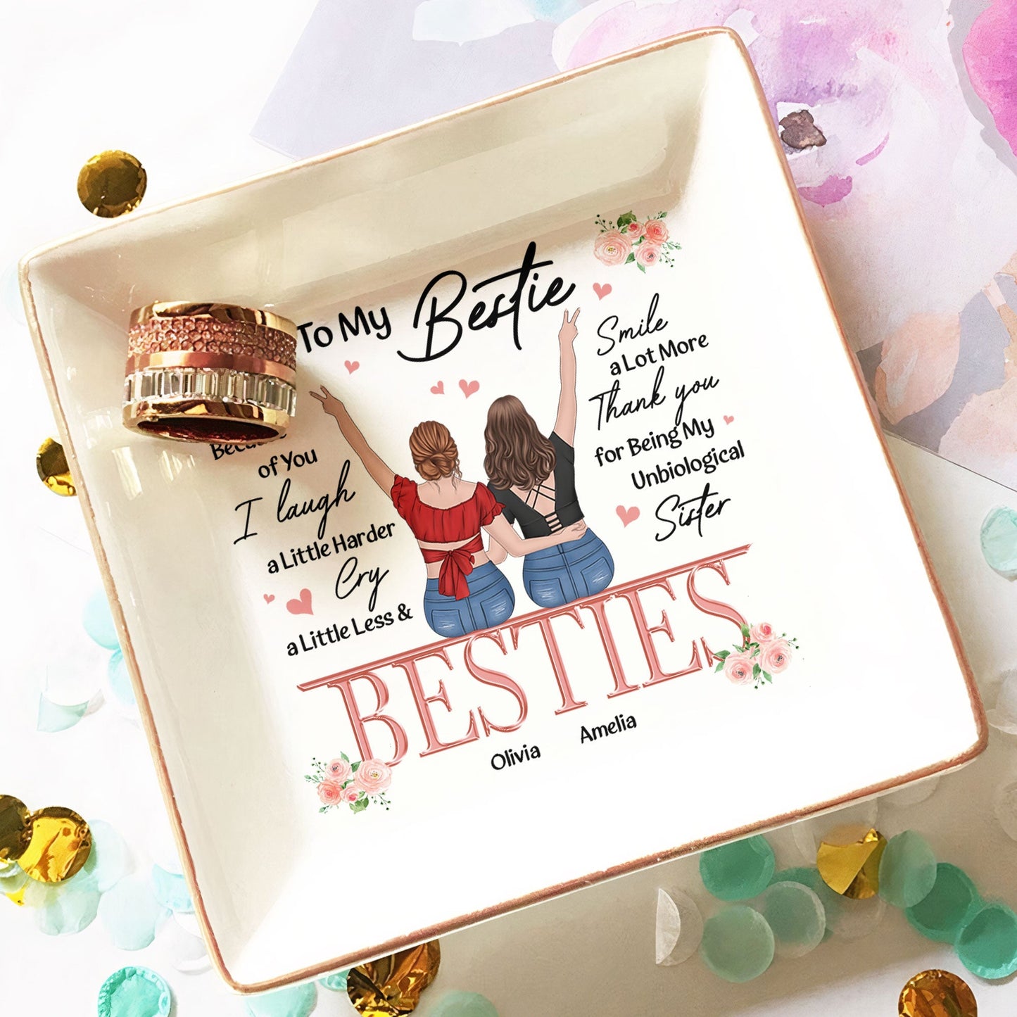 Personalized friendship jewelry dish with 'Besties' and heartfelt message, ceramic ring dish gift.