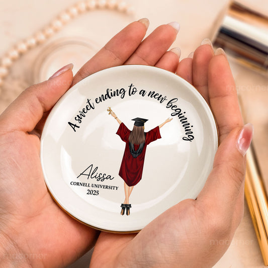 Personalized Graduation Jewelry Dish with 'A Sweet Ending To A New Beginning' design, a perfect graduation gift.