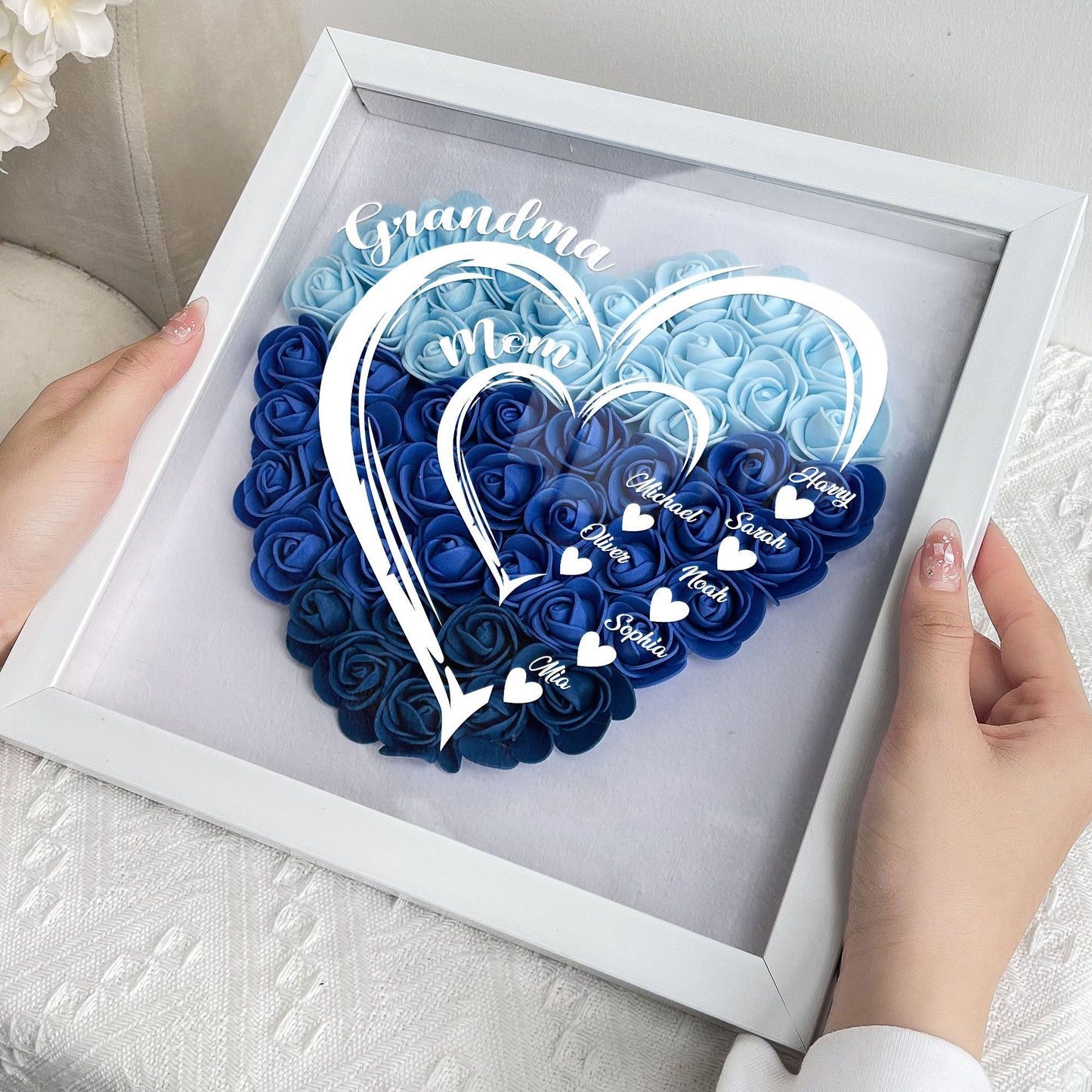 Personalized blue flower shadow box for mom, heart design, white frame, perfect Mothers Day gift