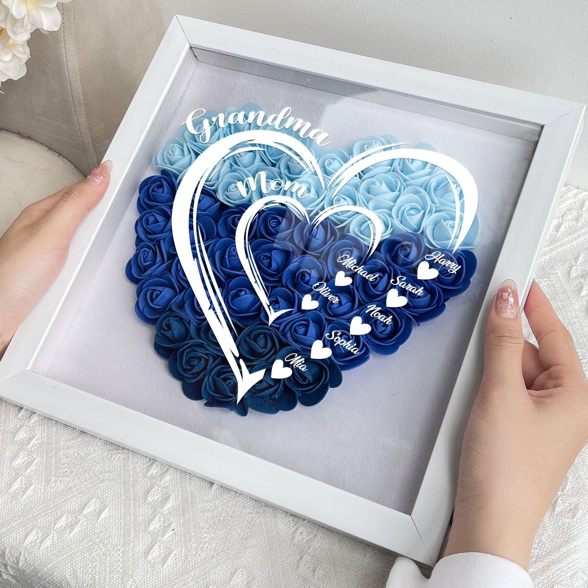 Personalized blue flower shadow box for mom, heart design, white frame, perfect Mothers Day gift