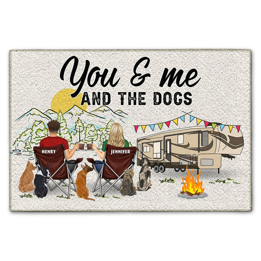 Personalized doormat featuring "Home is where we park it, you & me and the dogs"
