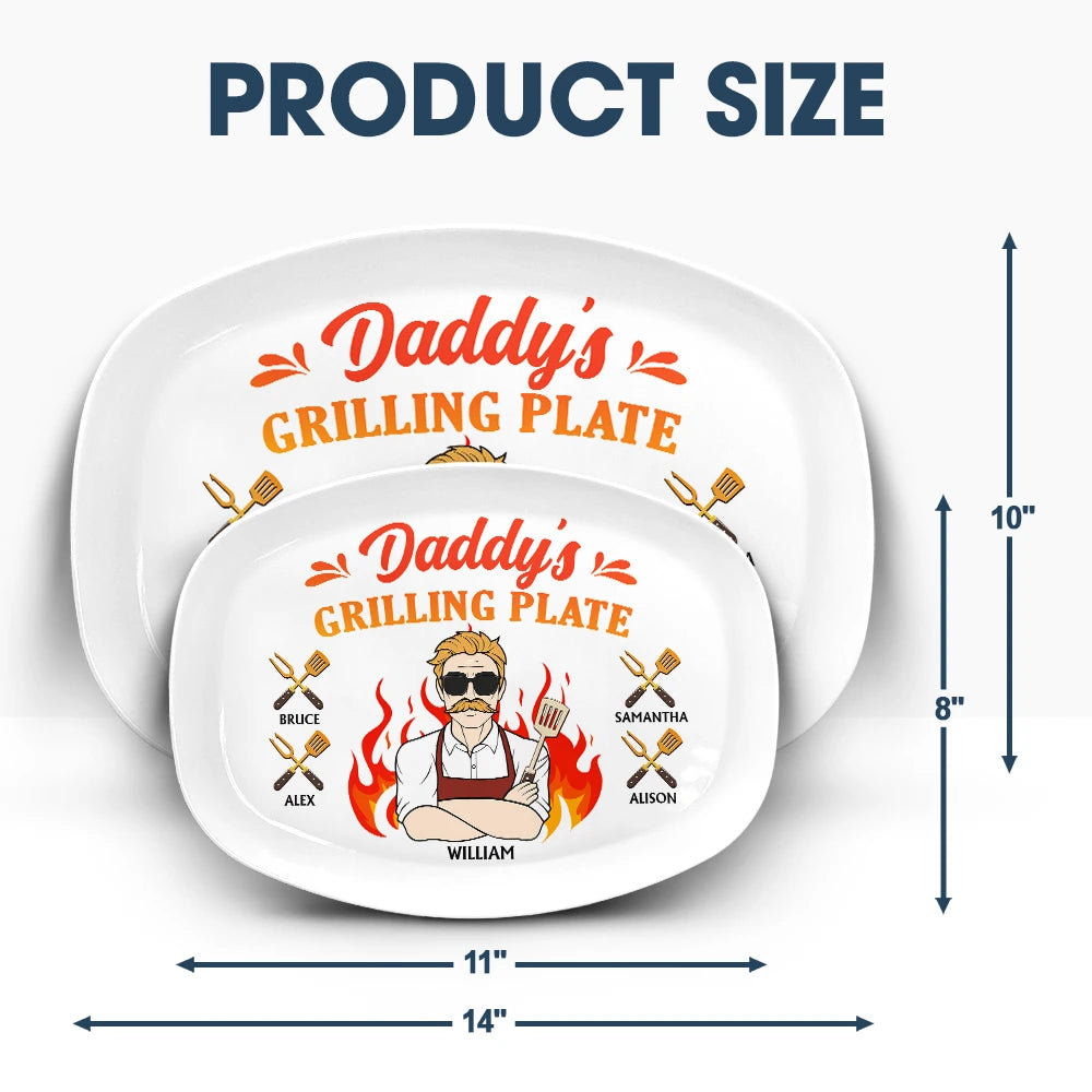 Daddy's Grilling Plate - Personalized BPA-Free Plate with Fire Cartoon. Available in 11x8" and 14x10" sizes.