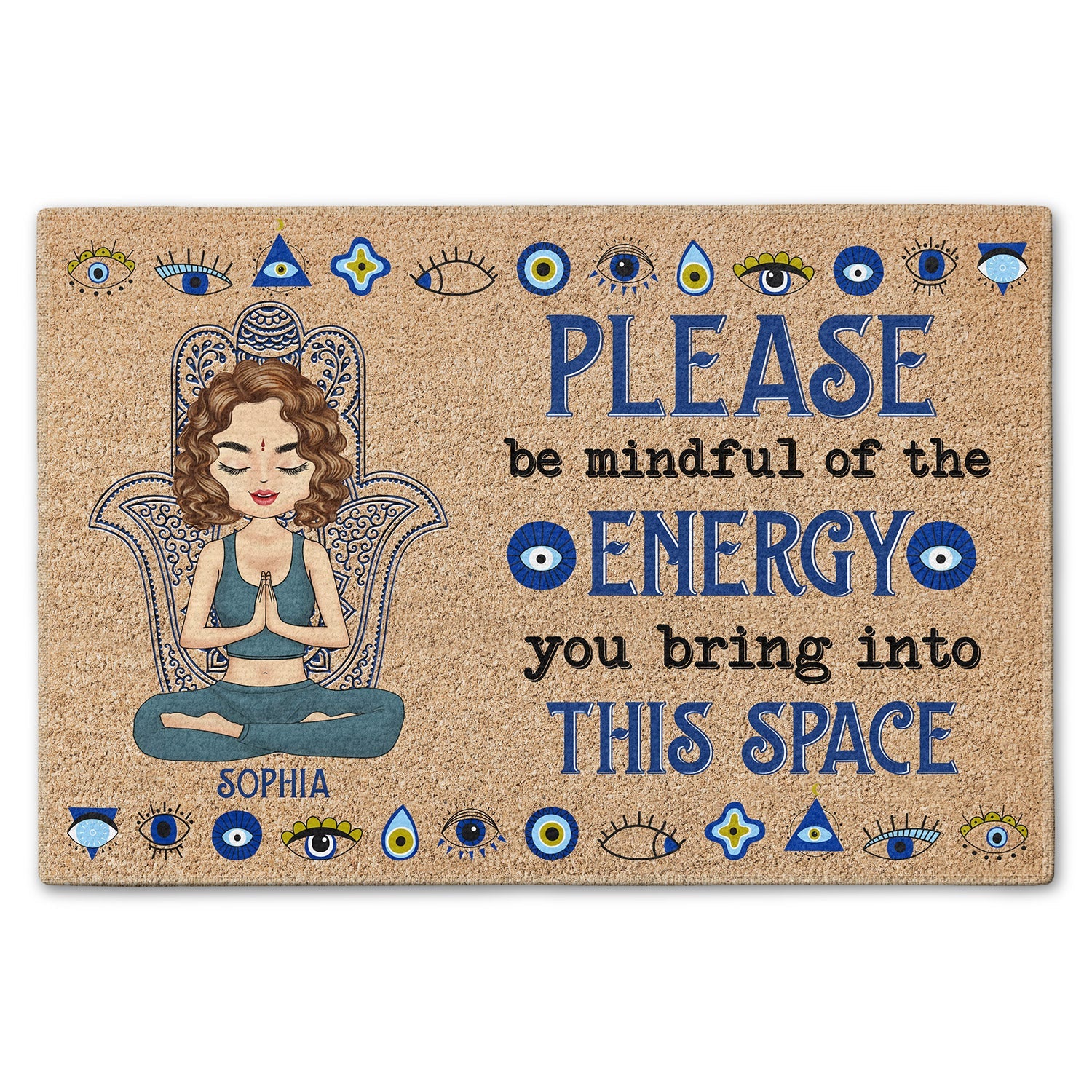 Personalized doormat with meditating woman and inspirational quote, perfect for yoga lovers.