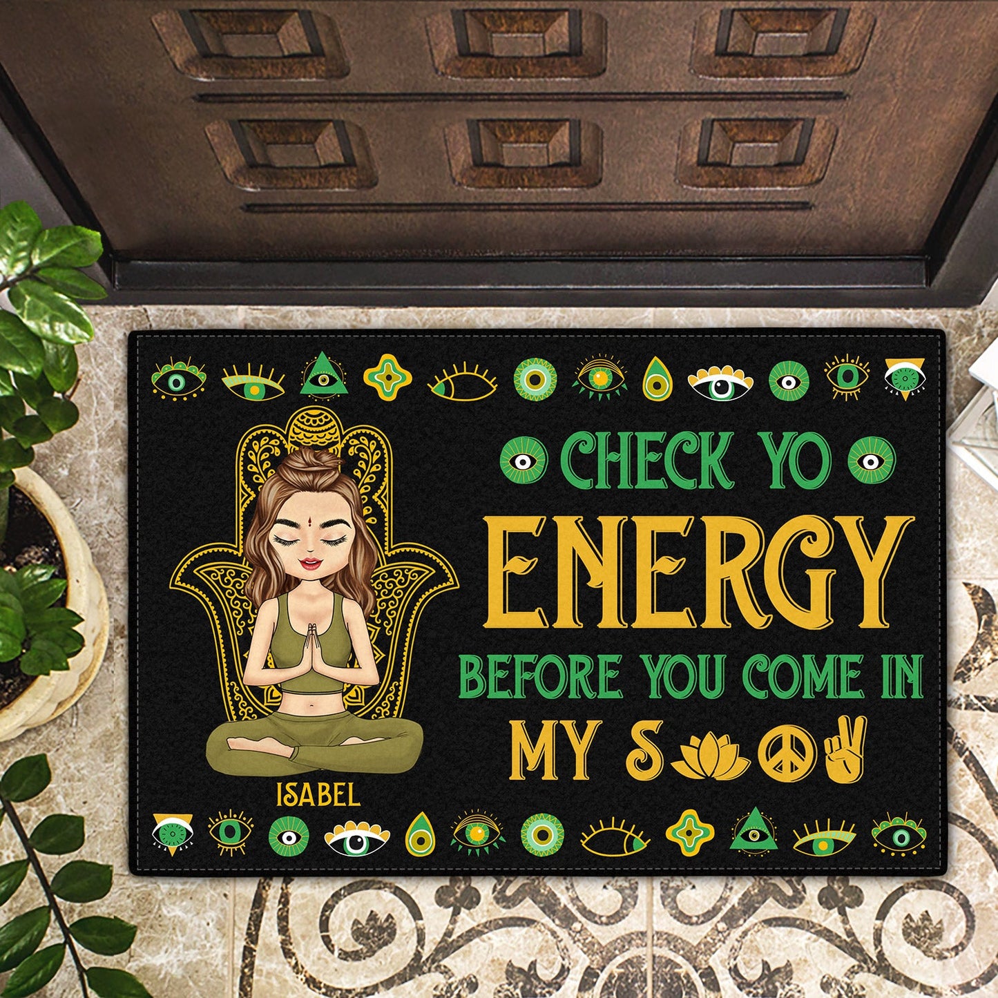 Personalized doormat with meditating woman and 'Check Yo Energy' quote, yoga gift.