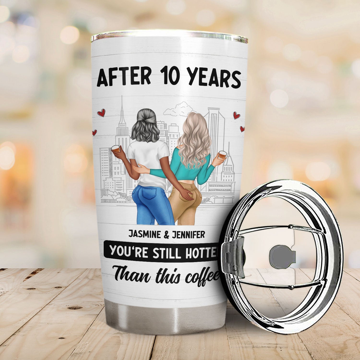 Personalized couple tumbler gift with "After 10 years" message, stainless steel double-wall vacuum insulated travel mug