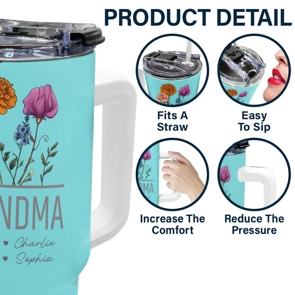 Personalized GRANDMA 40oz Tumbler with Birth Flowers, teal stainless steel cup with straw