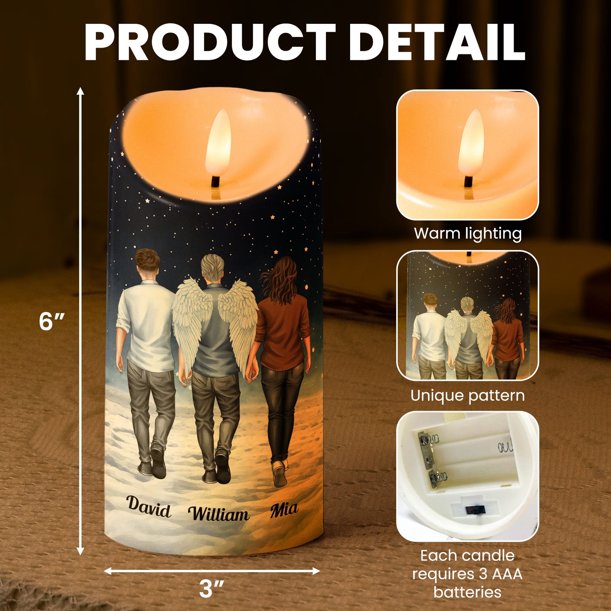 Personalized LED Memorial Candle showing product details: size, material, and double-side printing, a comforting tribute.