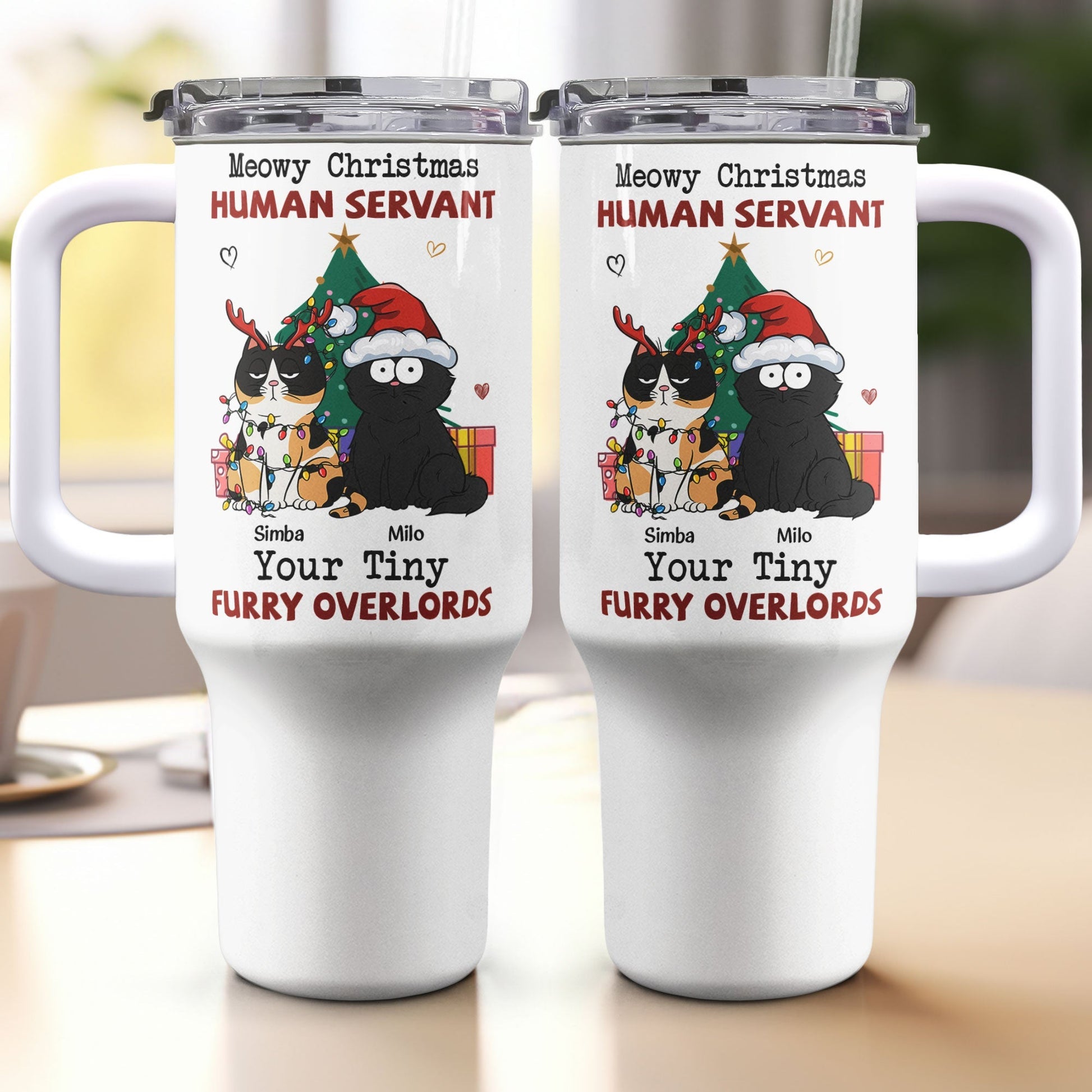 Personalized 40oz Tumbler 'Meowy Christmas, Human Servant' with cat design and straw, perfect for cat lovers