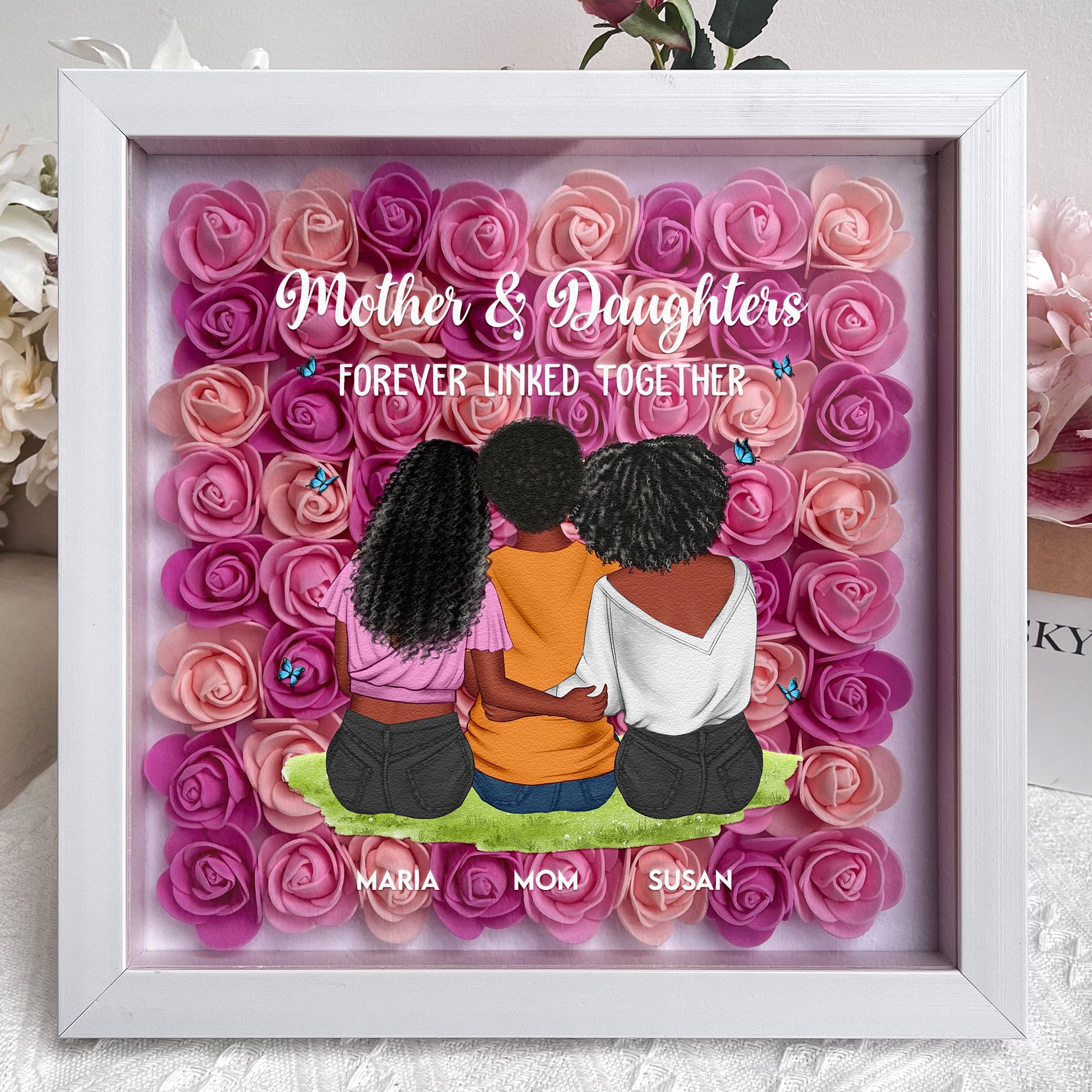 Personalized Mother & Daughter shadow box with pink and red flowers, white frame, and loving message for mom.