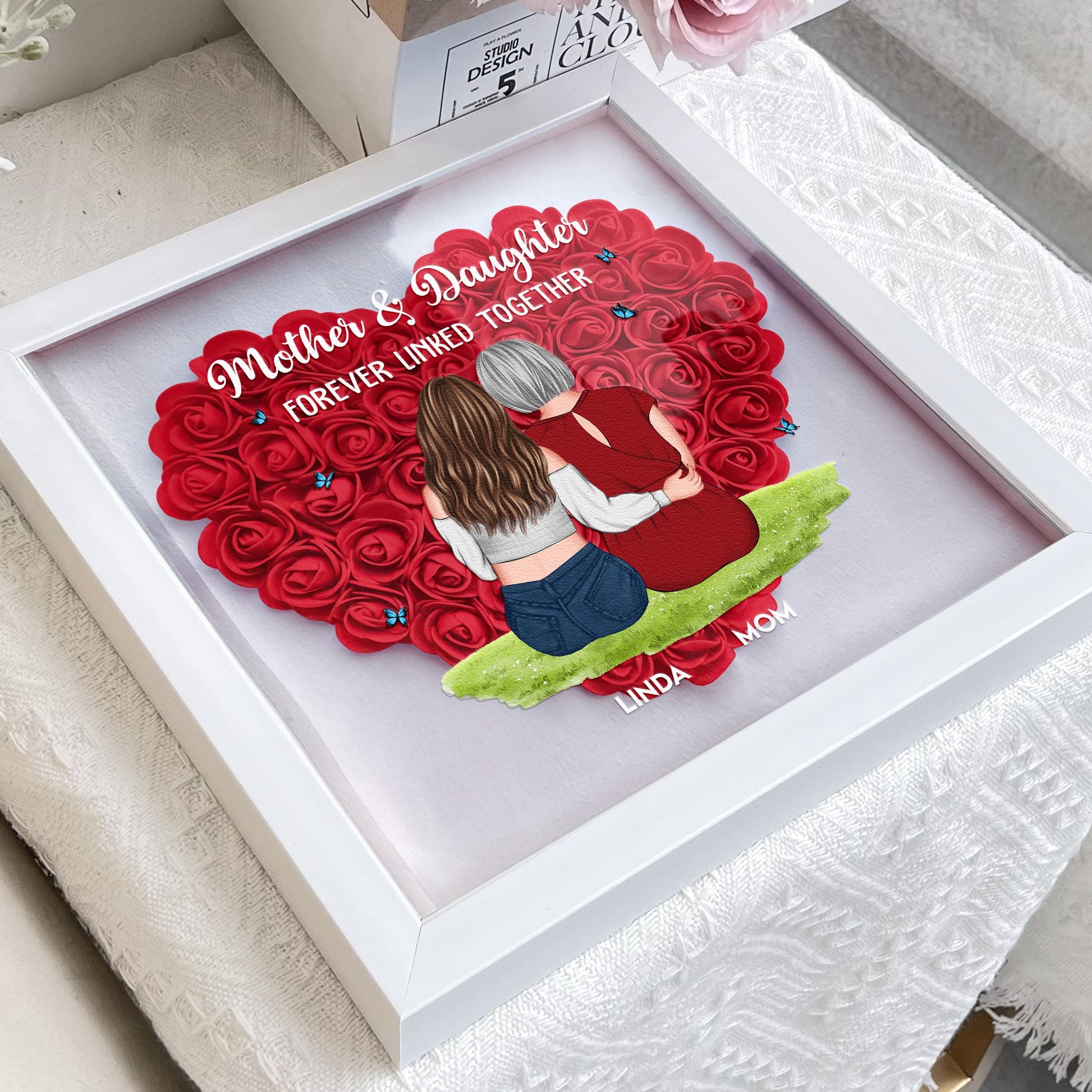Mother & Daughter Forever Linked Together shadow box, red heart flower design, white frame, a unique gift for mom.