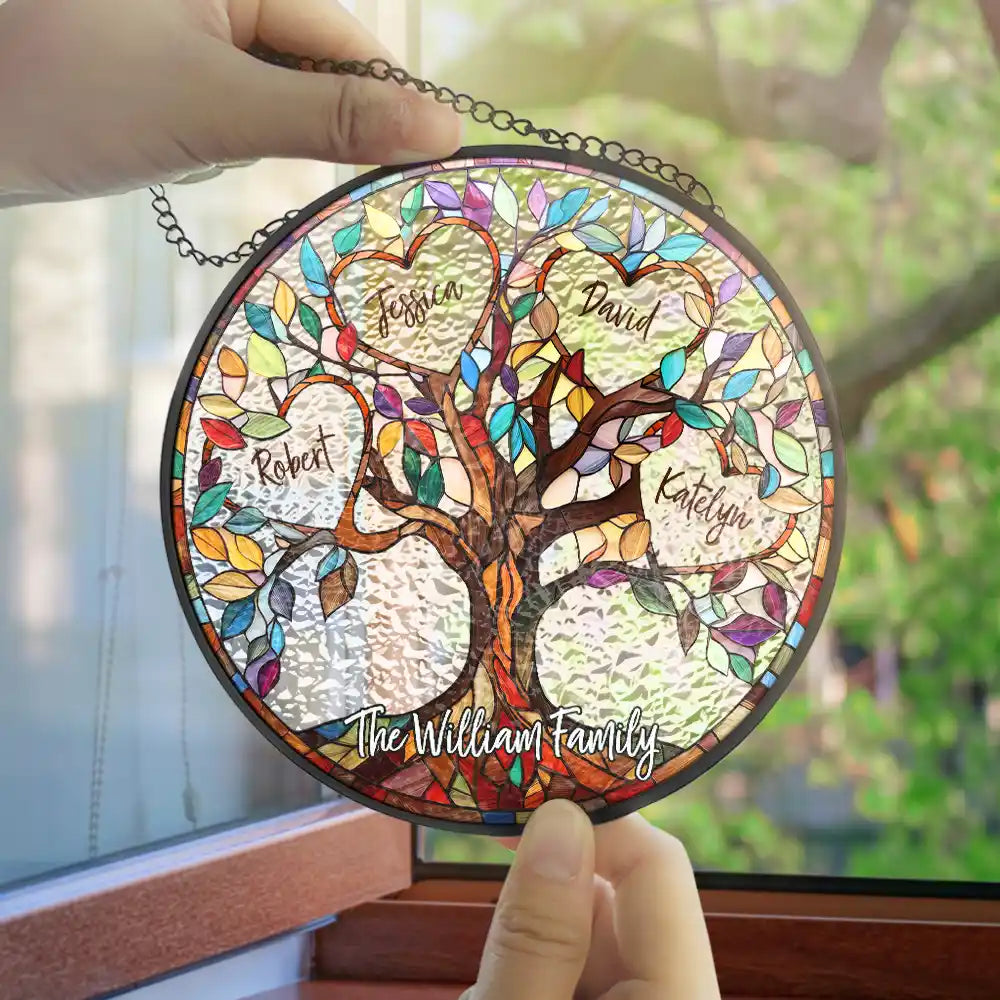 Personalized stained glass Family Tree of Life suncatcher, vibrant colors, family gift.