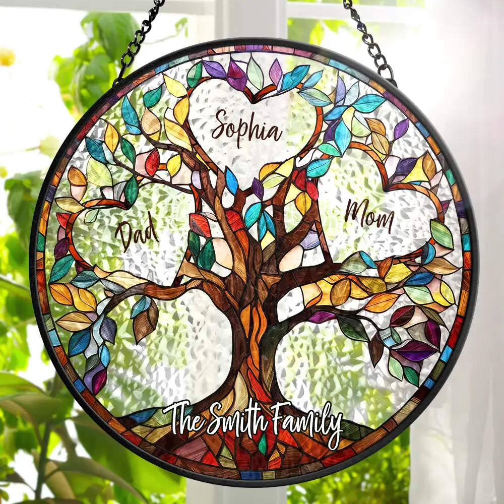 Family Unbreakable Bond Tree Of Life Personalized Stained Glass Window Hanging with names.