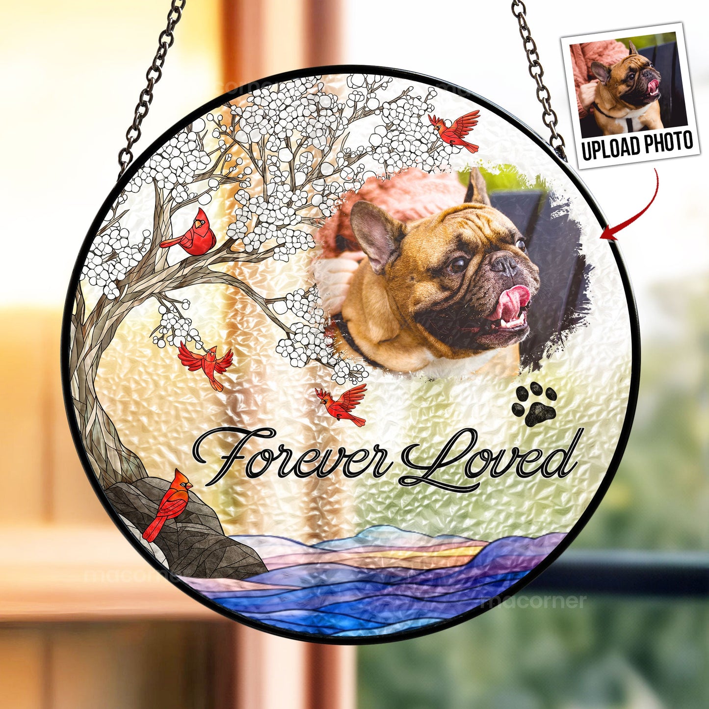 Personalized pet memorial suncatcher, stained glass with pet photo, "Forever Loved"