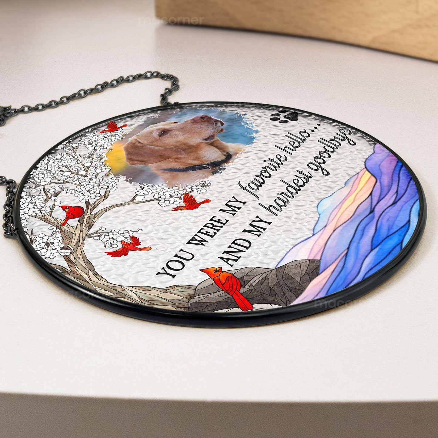 Personalized pet memorial suncatcher, stained glass with photo, "You were my favorite hello... and my hardest goodbye."