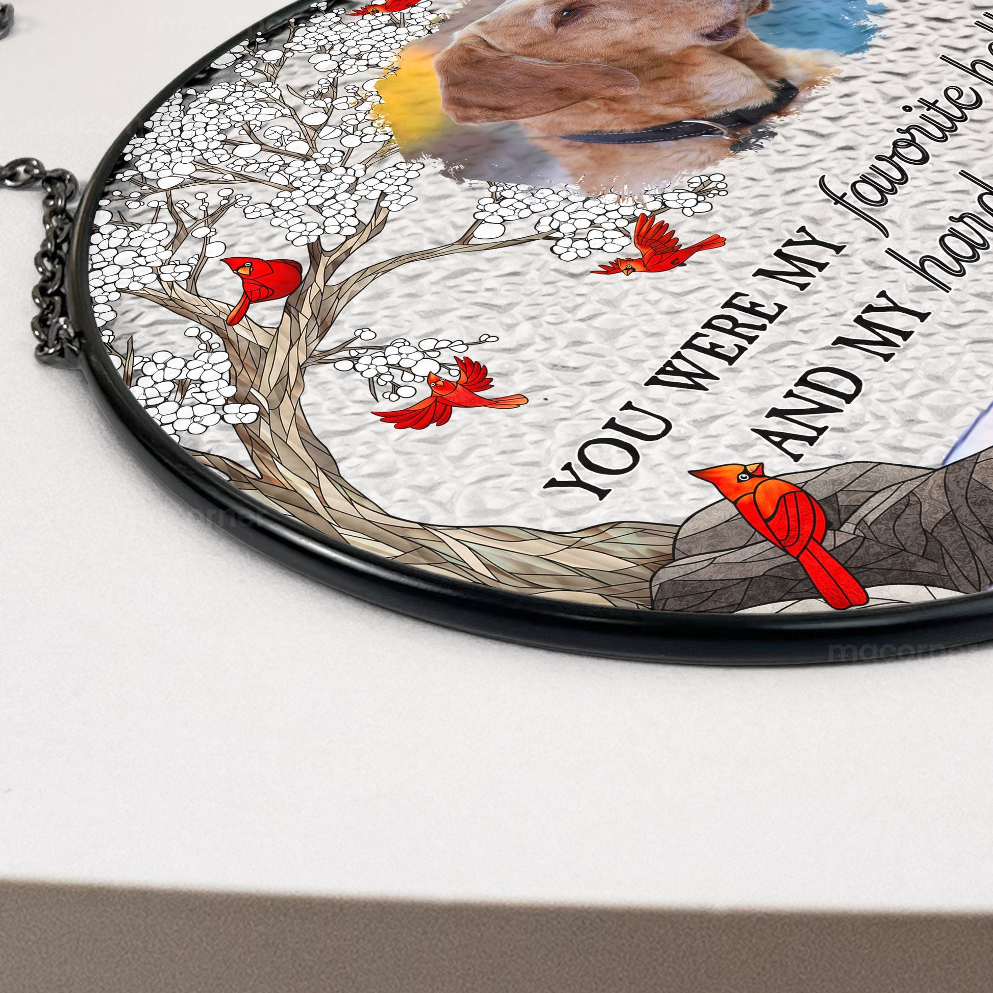 Pet memorial suncatcher with photo and "You were my favorite hello..." quote, stained glass, pet loss gift.