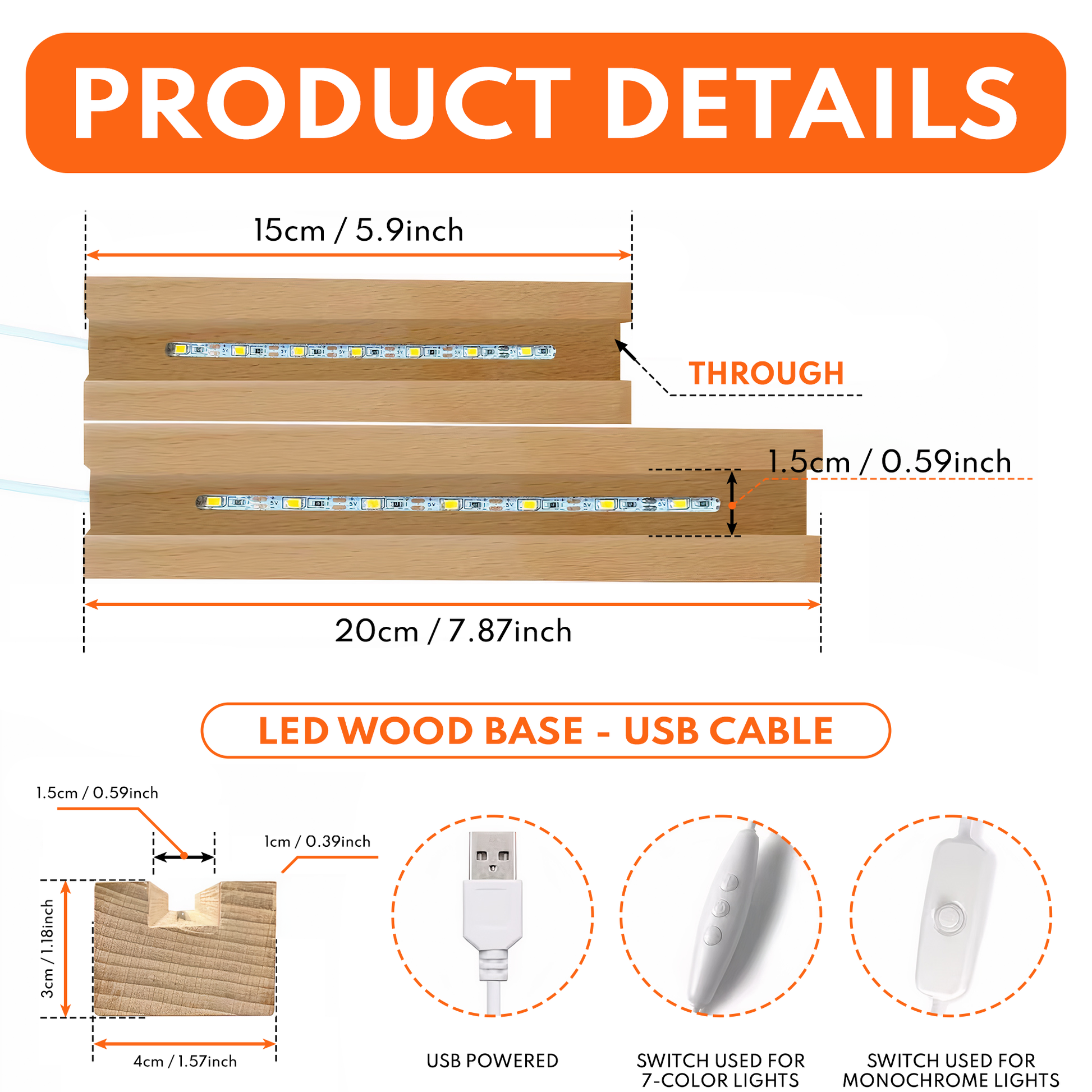You & Me We Got This LED Night Light - Product Details: Dimensions, wooden base, and USB cable