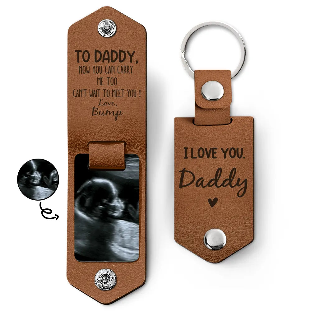 Custom photo leather keychain for Dad, saddle brown, with message. Father's Day gift.