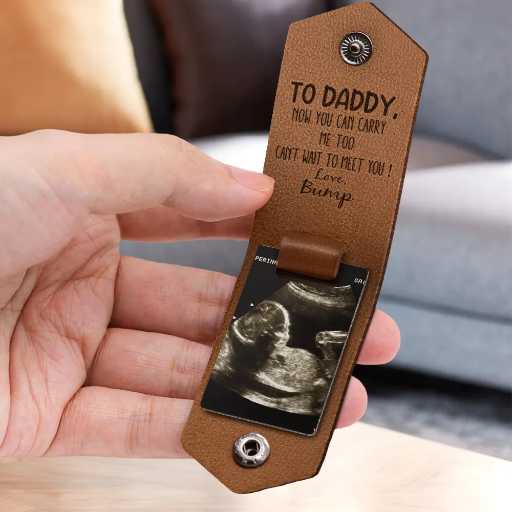 Saddle brown leather photo keychain for Dad with ultrasound image, Father's Day gift.
