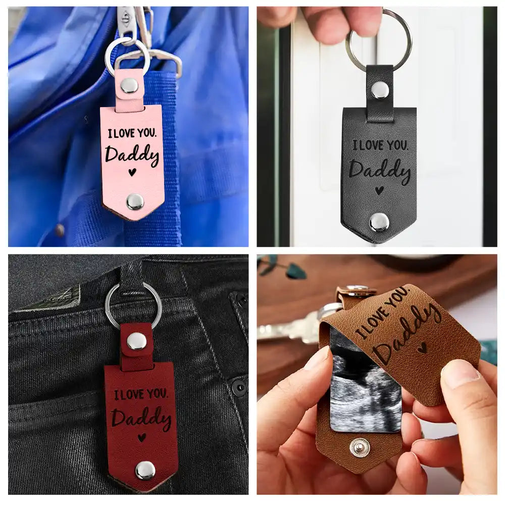 Custom Photo Keychain Gift for Dad: Personalized Leather, available in various colors.