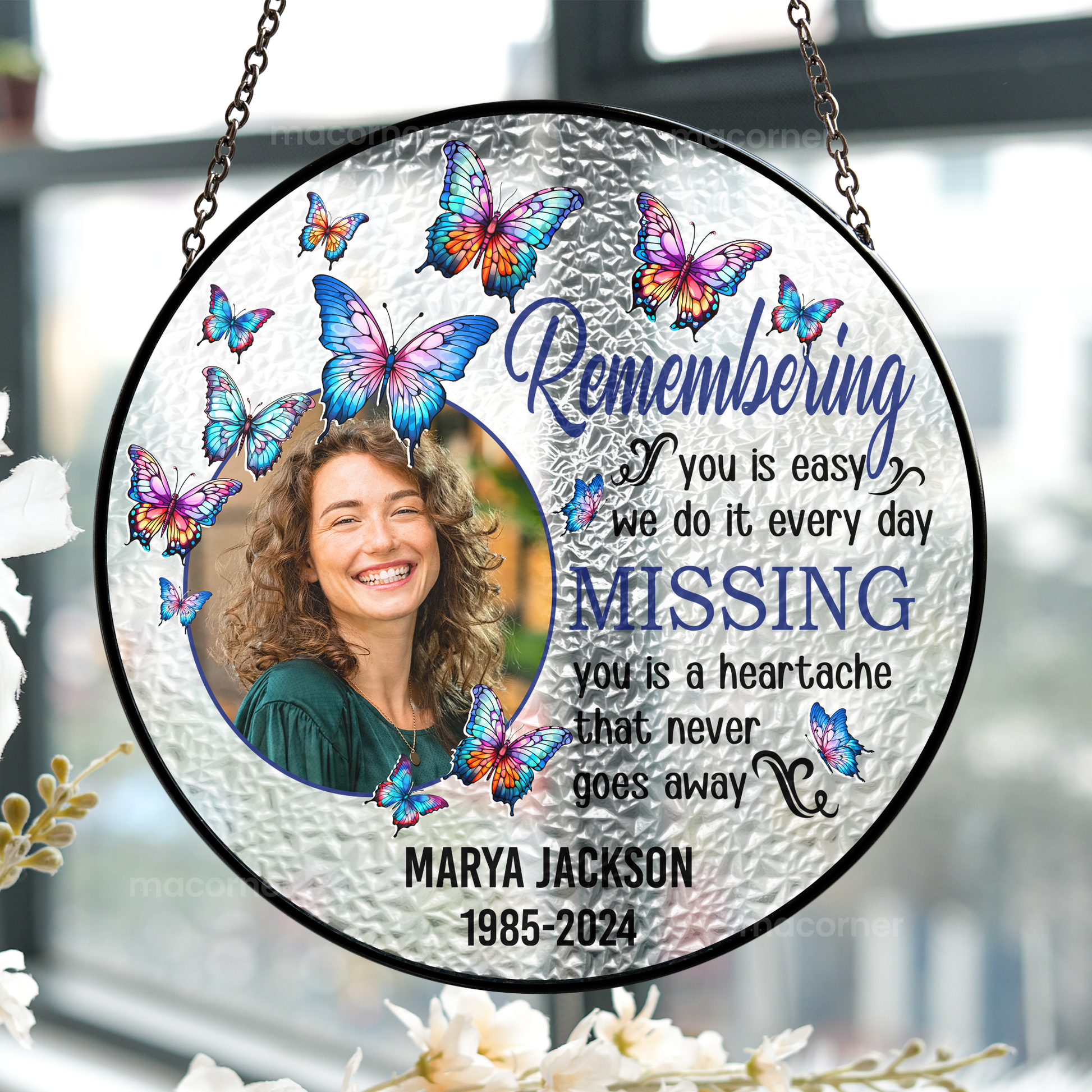 Personalized photo stained glass suncatcher, Remembering You memorial gift, butterflies and cherished photo of Sara Abella