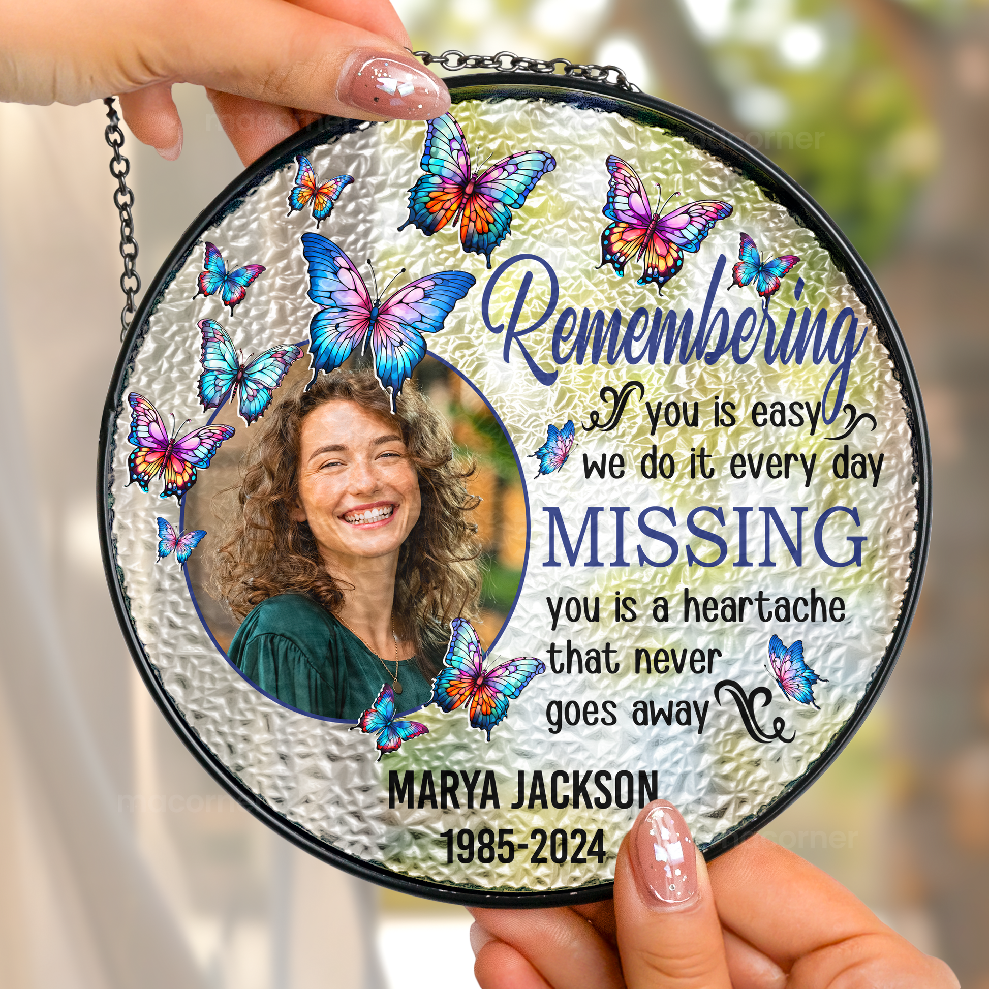 Personalized Remembering You Photo Stained Glass Suncatcher Memorial Gift with Butterflies