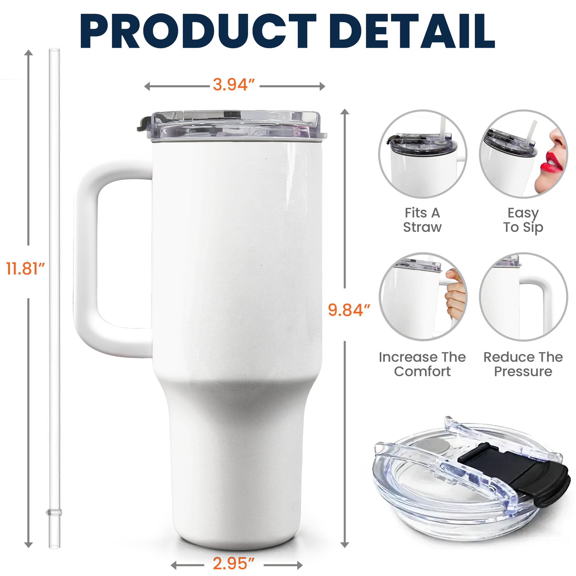 White 40oz tumbler with straw, handle, and product details: size, material, and lid features.