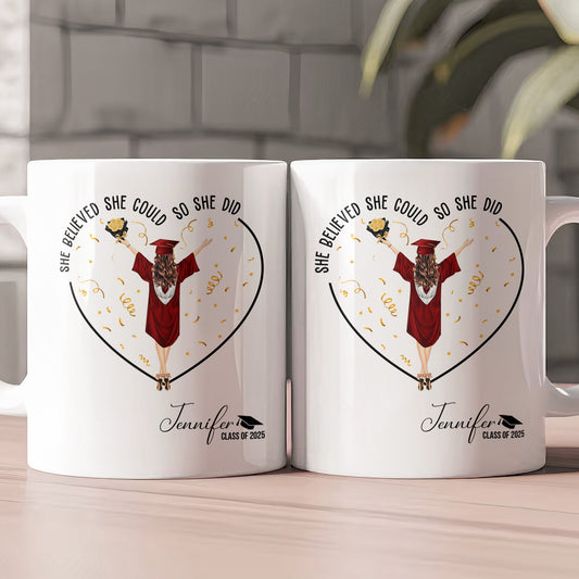 Personalized mug with 'She Believed She Could So She Did' quote, perfect graduation gift.